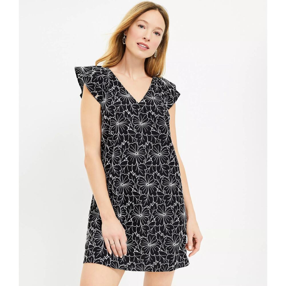 LOFT Floral Embroidered Flutter Sleeve Shift Dress Medium Flowy 100% Cotton NWT
